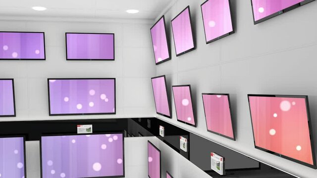 Animation of rows of television sets in store with glowing screens with copy space