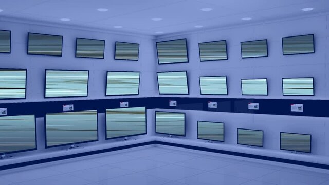 Animation of rows of television sets in store with pattern on screens