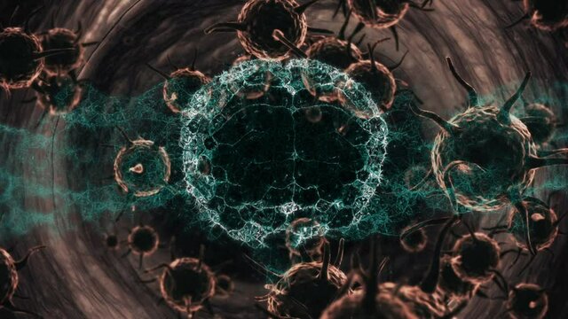 Animation of human brain and dna strand spinning over covid 19 cells floating