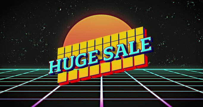 Animation of huge sale text over squares and retro grid background