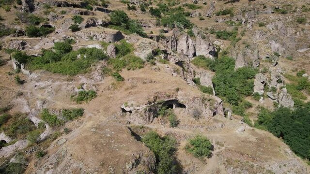 Arieal view of old Khndzoresk cave town in Armenia previously habited by people