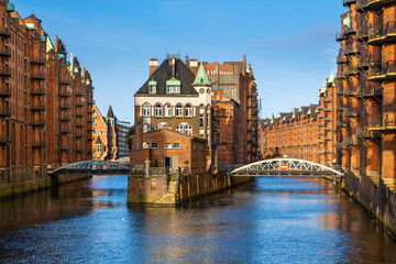 Hamburg, Germany. The Warehouse District (German: Speicherstadt) . View of Wandrahmsfleet. The largest warehouse district in the world is located in the port of Hamburg within the HafenCity quarter.