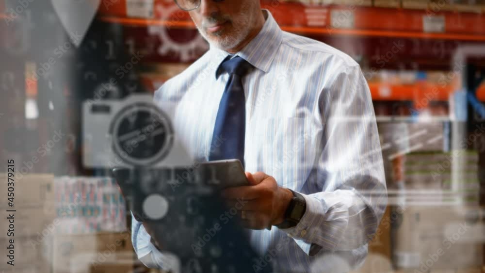 Poster animation of digital icons and data processing over man using tablet in warehouse