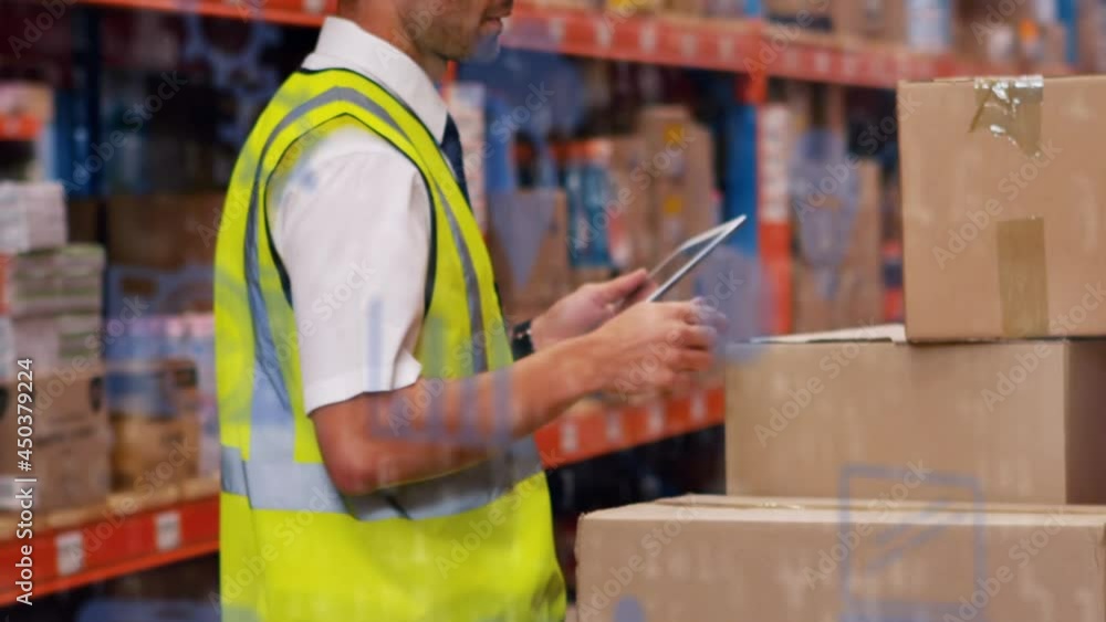 Poster animation of digital icons and data processing over man using tablet in warehouse