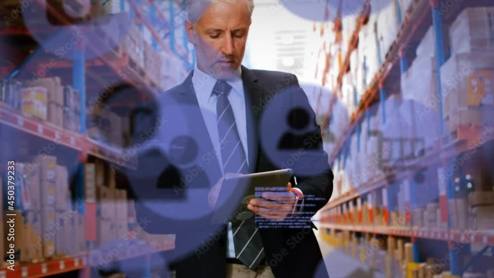 Poster animation of digital icons and data processing over man using tablet in warehouse