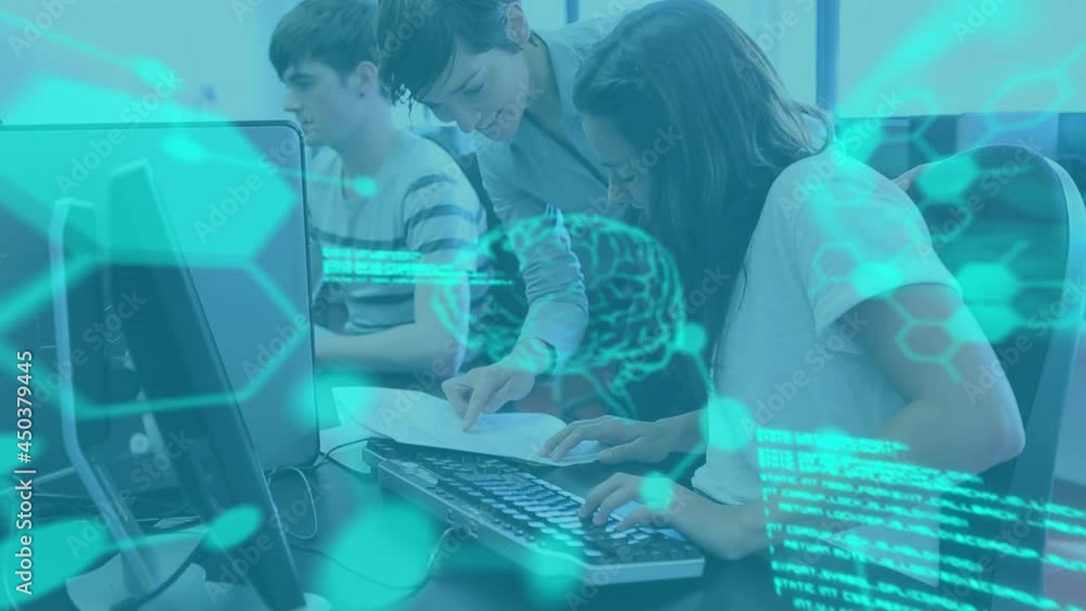 Poster animation of data processing over group of students using computers