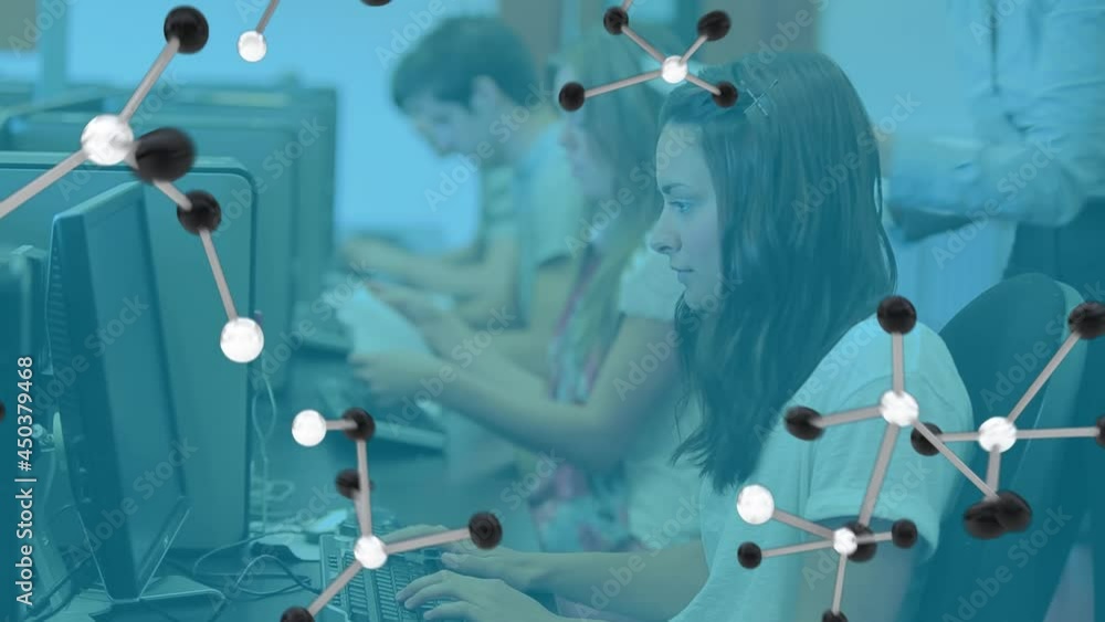 Poster animation of chemical structures over group of students using computers