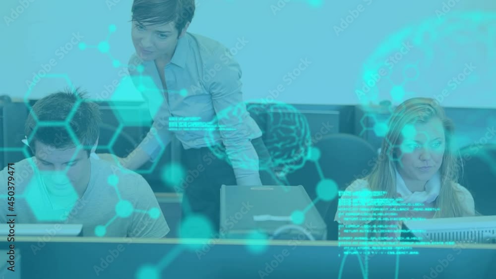 Poster animation of data processing over group of students using computers