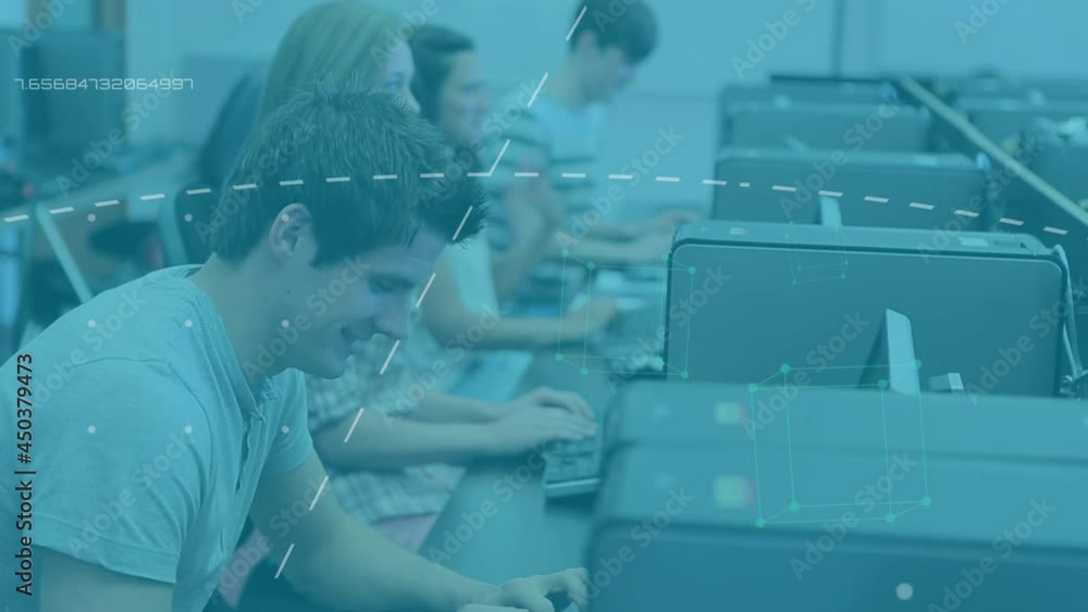 Poster animation of shapes moving over group of students using computers