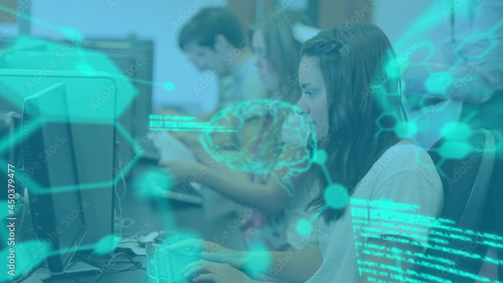 Poster animation of data processing over group of students using computers