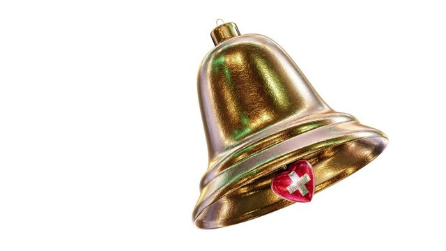 Realistic looping 3D animation of the fancy golden textured Christmas bell with Switzerland national flag bell clapper rendered in UHD with alpha matte