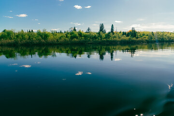 Summer Landscape With Narew River And Clouds On The Blue Sky