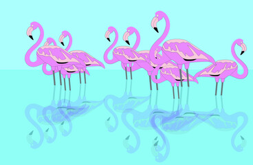 Naklejka premium pink flamingos on the river, vector drawing