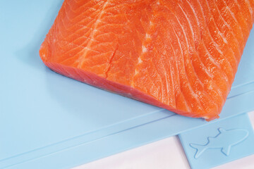 Fillet of red fish on a blue plastic cutting board.
