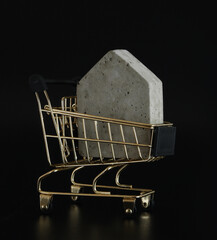 House model in mini shopping cart on the black background. Buy a house. Concept for property...