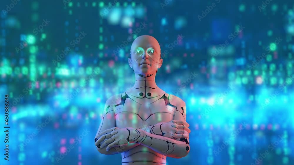 Poster cyber digital world metaverse 3d humanoid robot cross one's arm thinking coding background, futurist