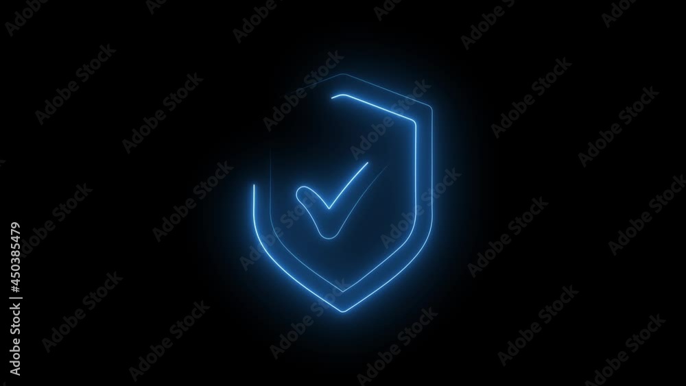 Poster 4k line glowing neon line shield check mark with check mark icon isolated on black background video 