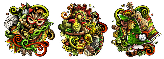 Brazil cartoon vector doodle designs set.