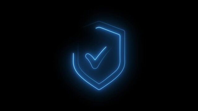 4K Line Glowing neon line Shield check mark with check mark icon isolated on black background Video motion graphic animation. Security, safety, protection, privacy concept. Tick mark approved.