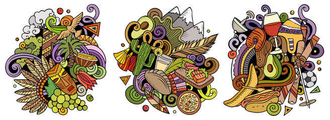 Chile cartoon vector doodle designs set.