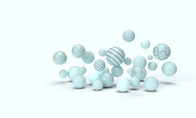 Light, blue balls rise up. Composition on the theme of airiness, tenderness, wind, lightness. Modern minimal style. 3d rendering.