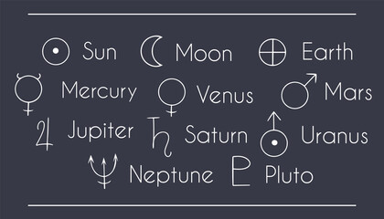 Hand drawn planet symbols from alchemy in white, isolated on dark sky background