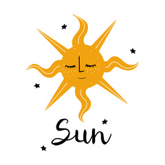 Vector illustration with vintage styled Sun and lettering, isolated on white background