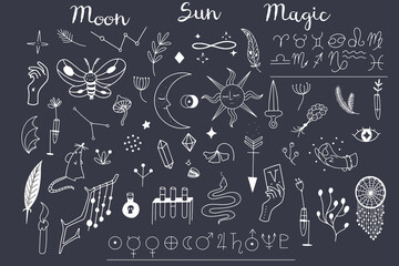 Big vector set of line art magical and wiccan clipart elements, outlined horoscope zodiac signs, planet symbols and lettering