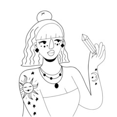 Beautiful woman with tattoos in line art style, modern witch holding a crystal vector illustration