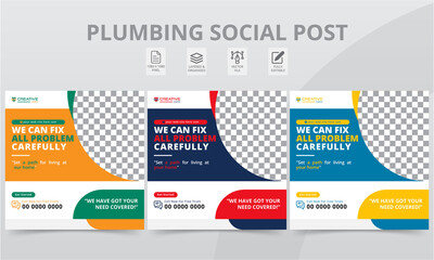 Premium Plumber Social Media Post Colorful Shapes Template. Modern Professional Plumbing Social Square Banner Layouts with Photo College for The Personal Blog Digital Marketing.