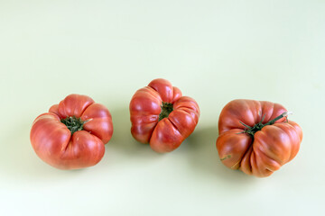 ugly organic tomatoes on a green background. Ugly food concept, ugly forms of organic vegetables.