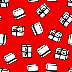 Holiday seamless pattern with present on color background. Vector illustration for Birthday, Merry Christmas, New year. Template design for invitation, poster, card, fabric, textile. Doodle style.