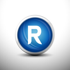 Letter R in 3D Shiny Blue Keys for web Icons, Education Icons and Alphabet Icons. Vector Illustration