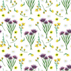 Watercolor seamless pattern with wildflowers and branches