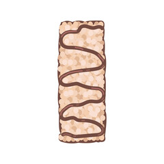 Muesli bar, a healthy homemade snack with a dark chocolate zigzag pattern. Organic vegan dessert in cartoon style without wrapper. Sports nutrition. Vector isolated on white background.