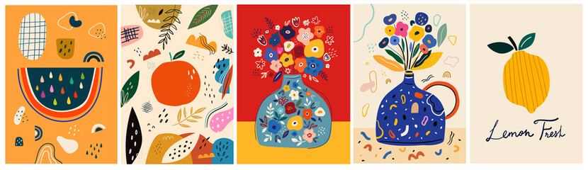 Fresh stylish posters with fruits, flowers, abstract elements and doodles
