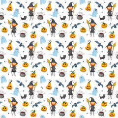 Halloween seamless pattern design. Cute cartoon elements, holiday background, vector illustration
