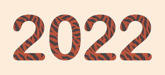 Year of the Tiger 2022. Numbers in the coloring of a wild animal on a pastel pink background. 