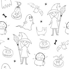 Halloween seamless pattern design. Cute cartoon elements, holiday background, vector illustration