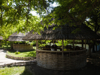 Bungalow on a green lawn in the shade, on a sunny summer day, wooden paths and night lanterns near trees and spruce 