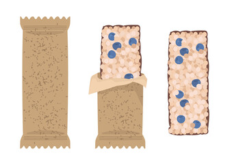 A set of muesli bars with blueberries in craft beige packaging and without it. Vector illustration of vegan dessert in cartoon childish style. Isolated clipart on a white background. Healthy snack