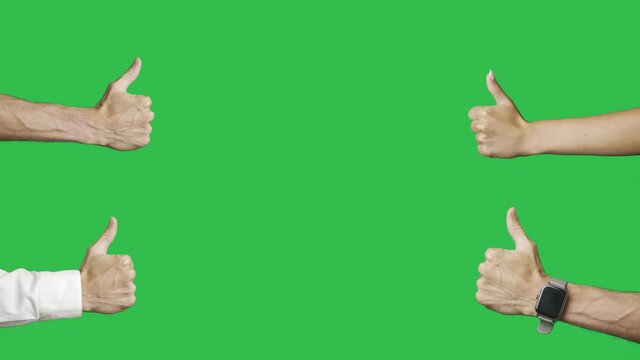 Closeup hands of people are showing a class with a thumbs up on a green screen background. Human gestures. Concept of winner or success and approval or praise. Chroma key. Copy space text. Isolated