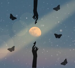 Moon Hands Stars Butterflies Dreaming