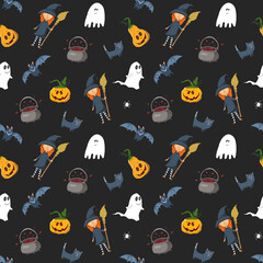 Halloween seamless pattern design. Cute cartoon elements, holiday background, vector illustration