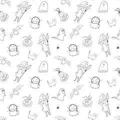 Halloween seamless pattern design. Cute cartoon elements, holiday background, vector illustration