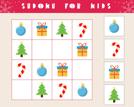 Easy level Sudoku game for christmas activity book for preschoolers.