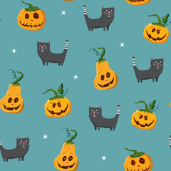 Halloween seamless pattern design. Cute cartoon elements, holiday background, vector illustration