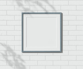 One wooden frame on white brick wall. 3D render wooden painted frame mock up. Empty interior. 3D design interior. Template for business. Passe partout frame. Blank. Shadow on the brick wall.