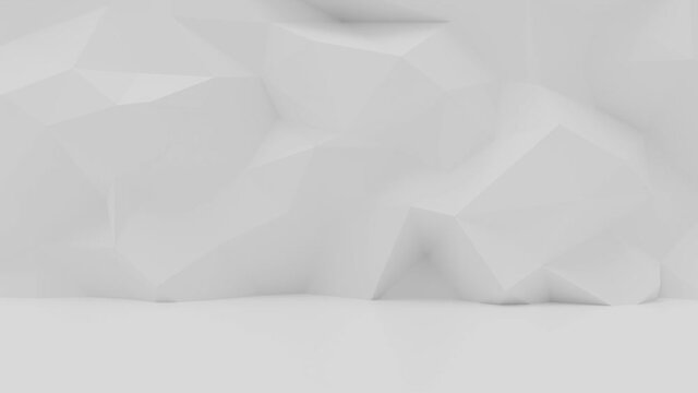 Spatial abstract geometric white triangles loop background animation. Seamless animation of 3D triangular mosaic polygonal wall pattern with stage platform for design