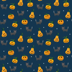 Halloween seamless pattern design. Cute cartoon elements, holiday background, vector illustration